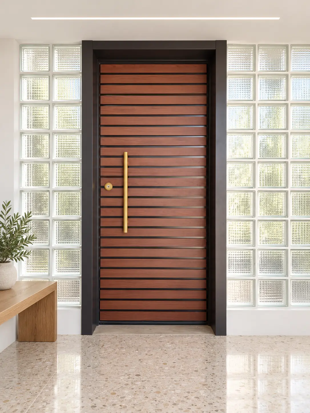 A Hermetix entrance door in warm horizontal timber with a slim brass pull, set between two walls of glowing glass block.