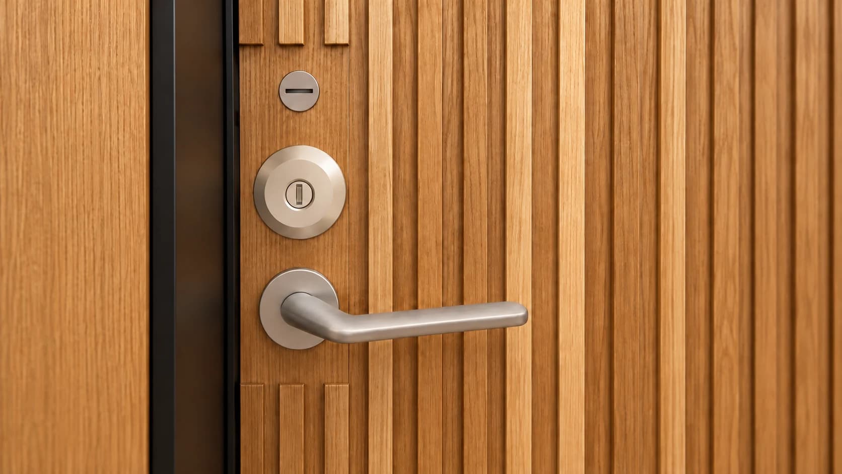 Reference-guided restaging of the supplied 3098 round-rose lever and cylinder rosette on a ribbed oak door