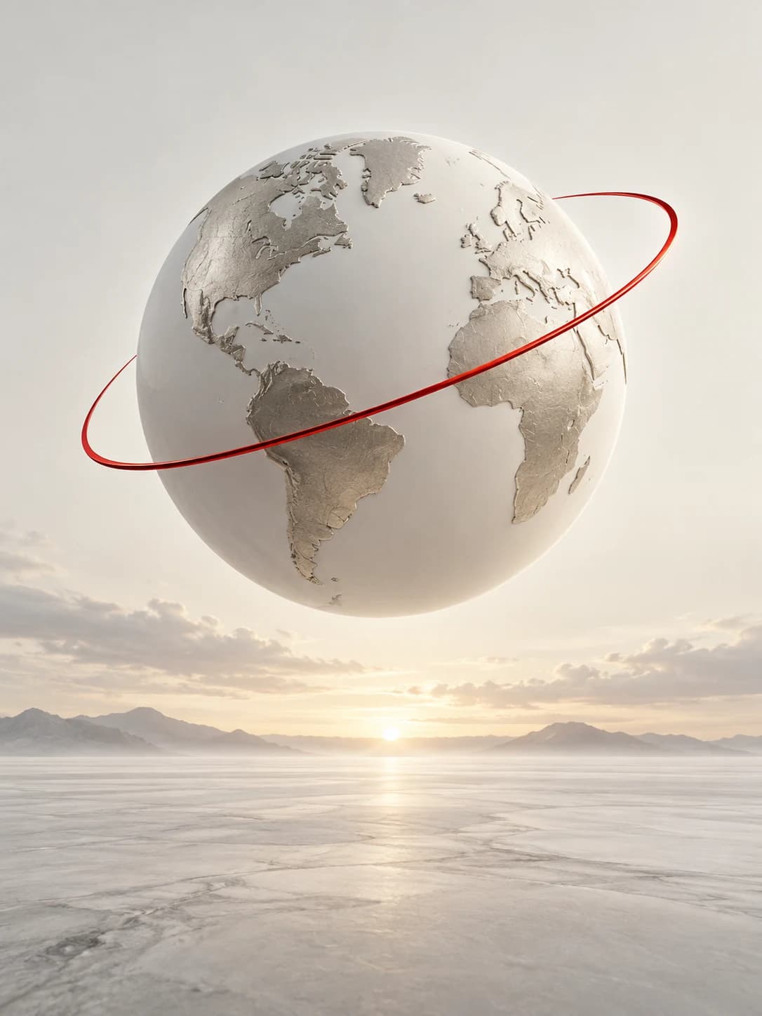 Conceptual future artwork: a pale sculptural globe wrapped by a red orbital arc, floating above a luminous dawn horizon