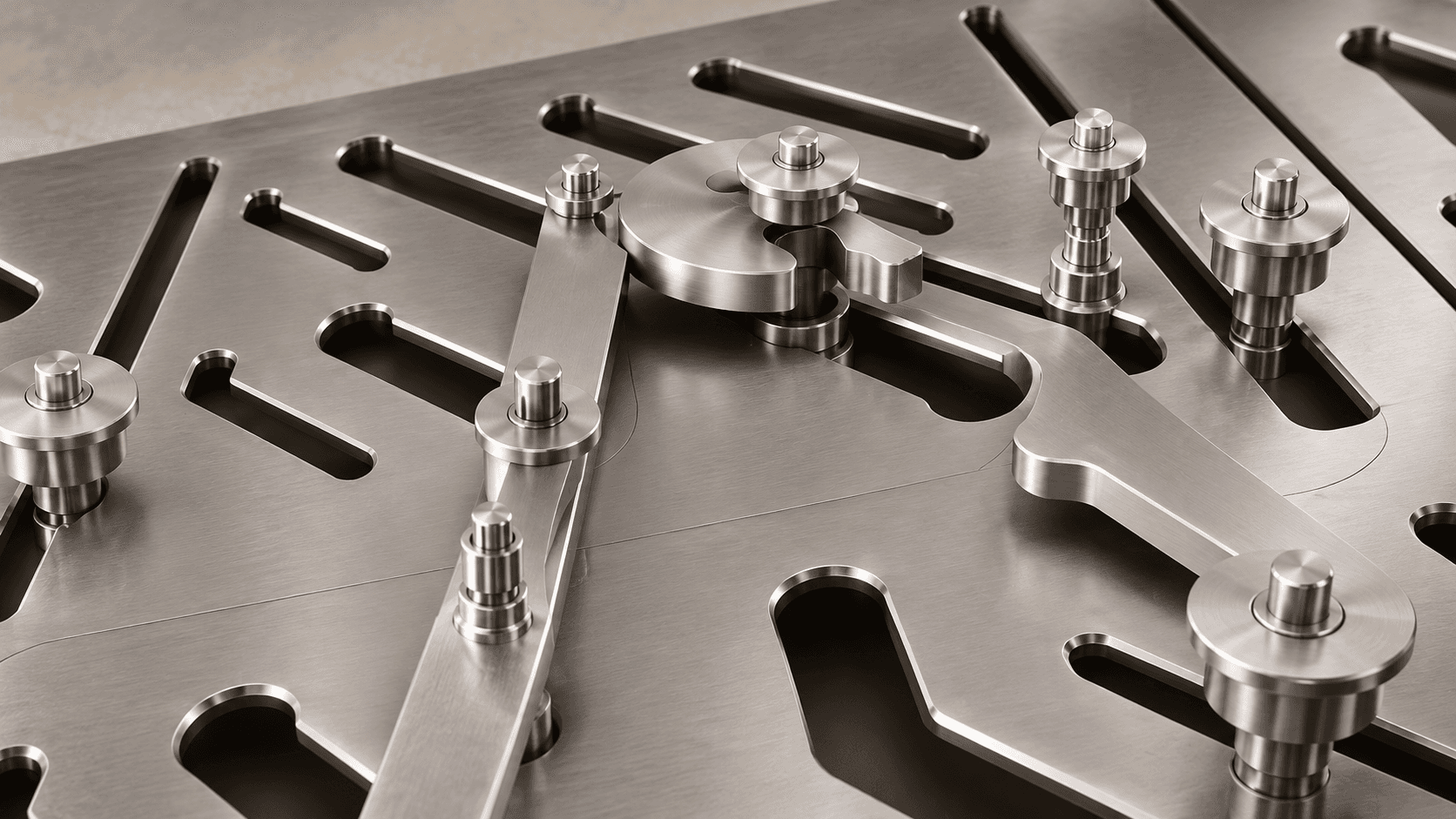 Studio restaging of the supplied locking mechanism: a silver slotted plate with a central cam, linkage arms and headed pins in soft mineral-toned light.